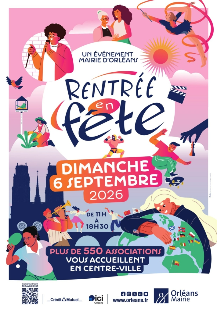 Affiche de Rentrée en fête 2026 : dimanche 6 septembre 2026, de 11h à 18h30, plus de 550 associations en centre-ville d’Orléans