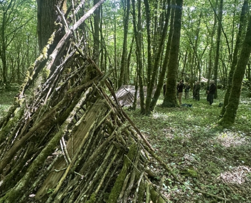 Stage en forêt 2026 : Abri en branchages construit pour la nuit Abri en branchages construit pour la nuit, stage en forêt de mai 2026 en Dordogne